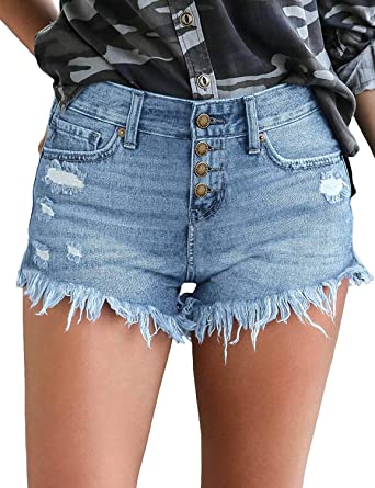 Photo 1 of luvamia Women's Casual Denim Shorts Frayed Raw Hem Ripped Jeans Shorts--SIZE MED