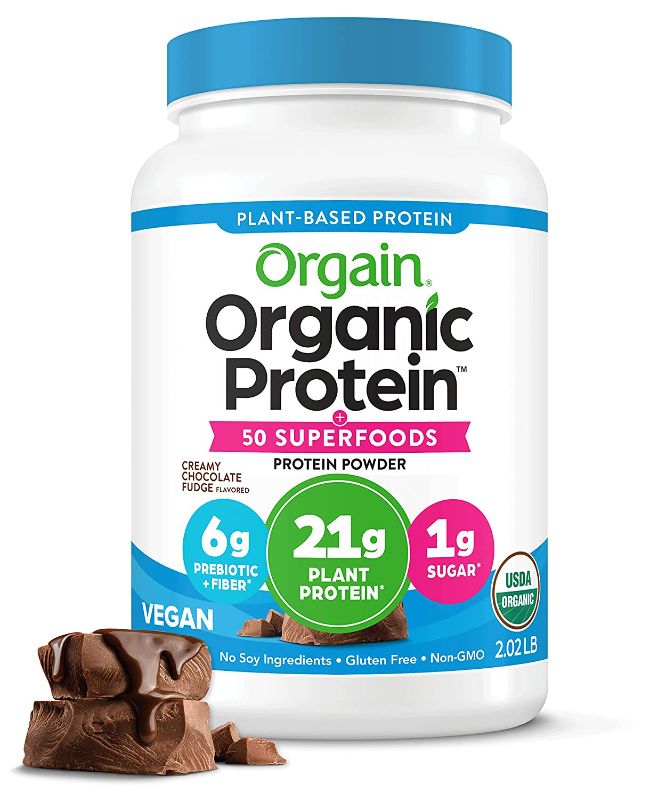 Photo 1 of exp date 11/2023    Orgain Organic Protein + Superfoods Powder, Creamy Chocolate Fudge - 21g of Protein, Vegan, Plant Based, 6g of Fiber, No Dairy, Gluten, Soy or Added Sugar, Non-GMO, 2.02 Lb
