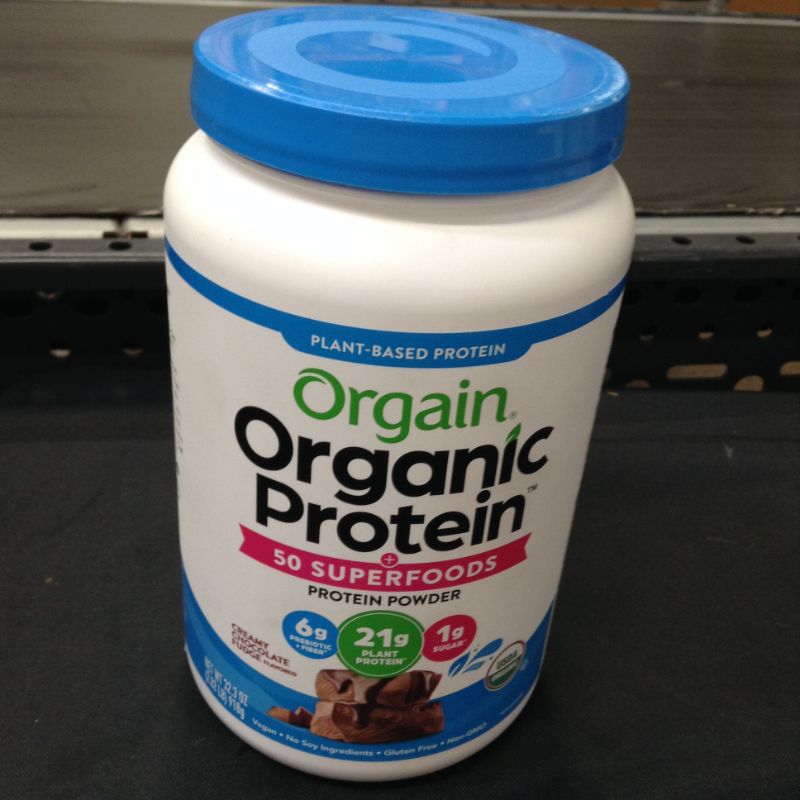 Photo 3 of exp date 11/2023    Orgain Organic Protein + Superfoods Powder, Creamy Chocolate Fudge - 21g of Protein, Vegan, Plant Based, 6g of Fiber, No Dairy, Gluten, Soy or Added Sugar, Non-GMO, 2.02 Lb
