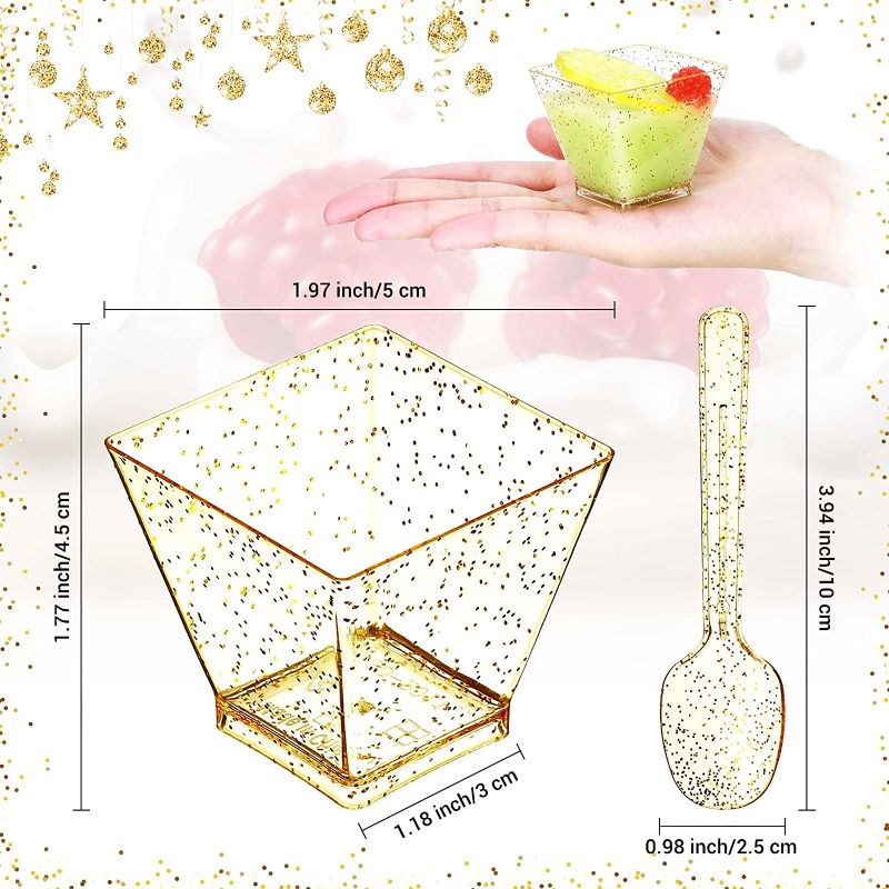 Photo 1 of 200 Pieces Mini Dessert Cups with 200 Spoons 2 oz Square Plastic Dessert Cups and Spoons Glitter Reusable Dessert Cups for Party Wedding Birthday Appetizers Supplies (Gold)
