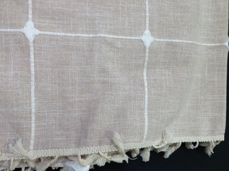 Photo 2 of  THROW BLANKET WITH NATURAL WITH WHITE EMBROIDERD SQUARE DESIGNS 