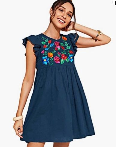 Photo 1 of Floerns Women's Summer Floral Embroidery Dress Ruffle Sleeve Round Neck Smock Short Dress---size sx
