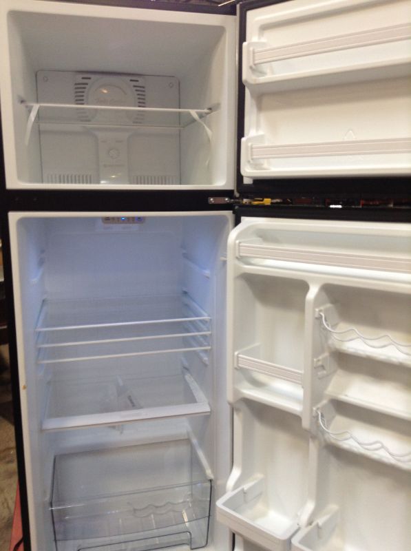 Photo 9 of Galanz GLR12TS5F Refrigerator, Dual Door Fridge, ** TOP CORNER DENTED, STENCH FROM INSIDE. Adjustable Electrical Thermostat Control with Top Mount Freezer Compartment, 12.0 Cu.Ft, Stainless Steel
