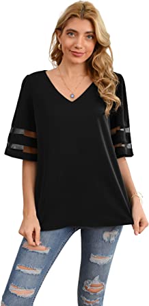 Photo 1 of Jouica Women's V Neck Chiffon Blouse Mesh Panel Blouse 3/4 Bell Sleeve Loose Top Shirt--BLACK--SIZE MEDIUM