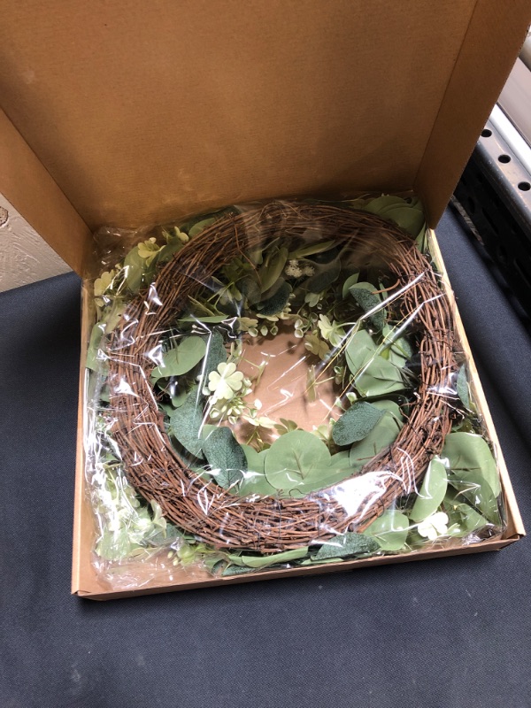 Photo 1 of Artificial Eucalyptus Wreath, ASLSQYN Lucky Four-Leaf Clover Wreath, Ideal Spring/Summer Green Wreath, 18-inch Handmade Grapevine Wreath Decoration
