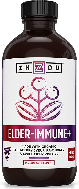 Photo 1 of Zhou Nutrition Elderberry Syrup, Immune System Booster with Organic Elderberry Syrup, Raw Honey Apple Cider Vinegar, 8 fl oz --- EXP 07/2022
