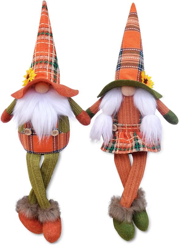 Photo 1 of 2PCS Fall Thanksgiving Gnomes Plush Elf Autumn Harvest Tomte with Sunflower Plaid Hat, Handmade Thankful Mr & Mrs Scandinavia Gnomes Nisse Elf Dwarf for Home Farmhouse Tiered Tray Decor
