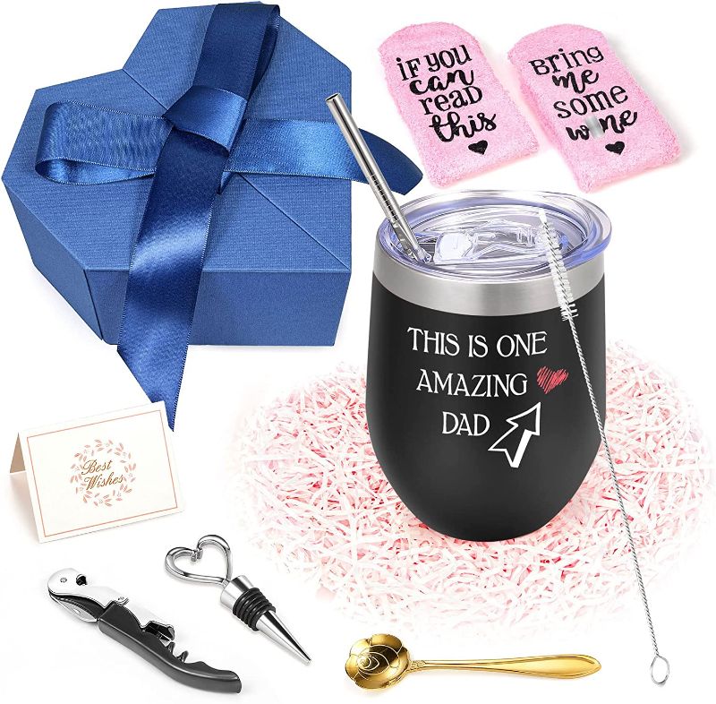 Photo 1 of Best Dad Birthday Gifts Father Day Gifts, Funny Gifts for Dad Father Day Gifts, Wine Gifts Box for Men 12 oz Wine Glasses Gifts Basket Set, Stainless Steel Insulated Wine Tumbler with Lid
--- factory sealed ---- 
