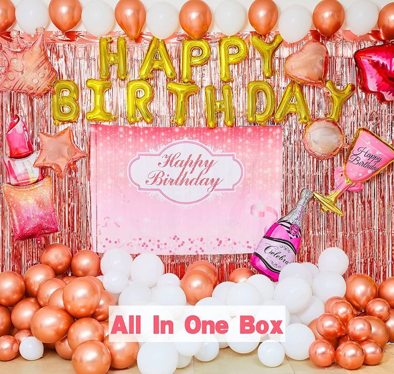 Photo 1 of FIGEPO Rose Gold Party Decorations Kit, Pink Birthday Supplies Set for Girl or Women with Happy Balloon Banner, Balloons Garland Backdrop, Foil Balloons, Curtains and Pump 92 Pack
--- factory sealed ---- 
