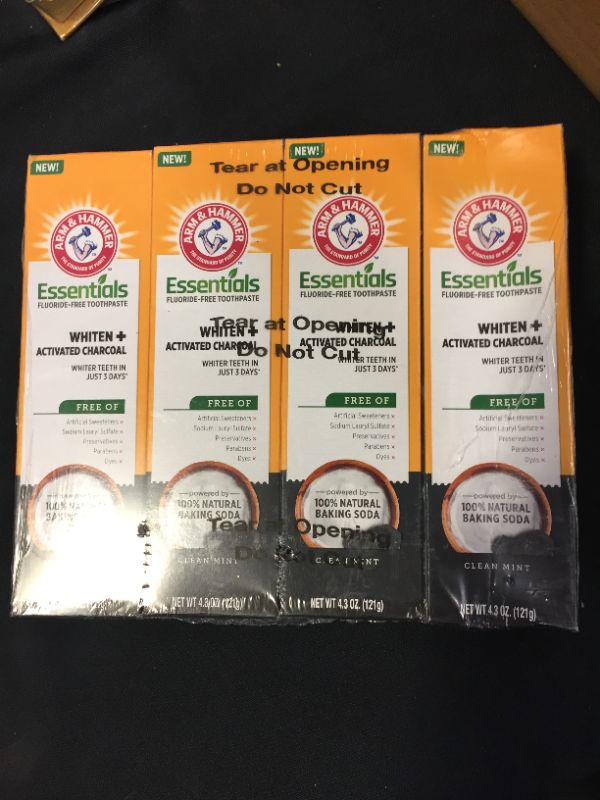 Photo 2 of Arm & Hammer Essentials FluorideFree Toothpaste Whiten + Activated Charcoal4 Pack of 4.3oz Tubes Clean 100 Natural Baking Soda, Mint, 17.2 Ounce
