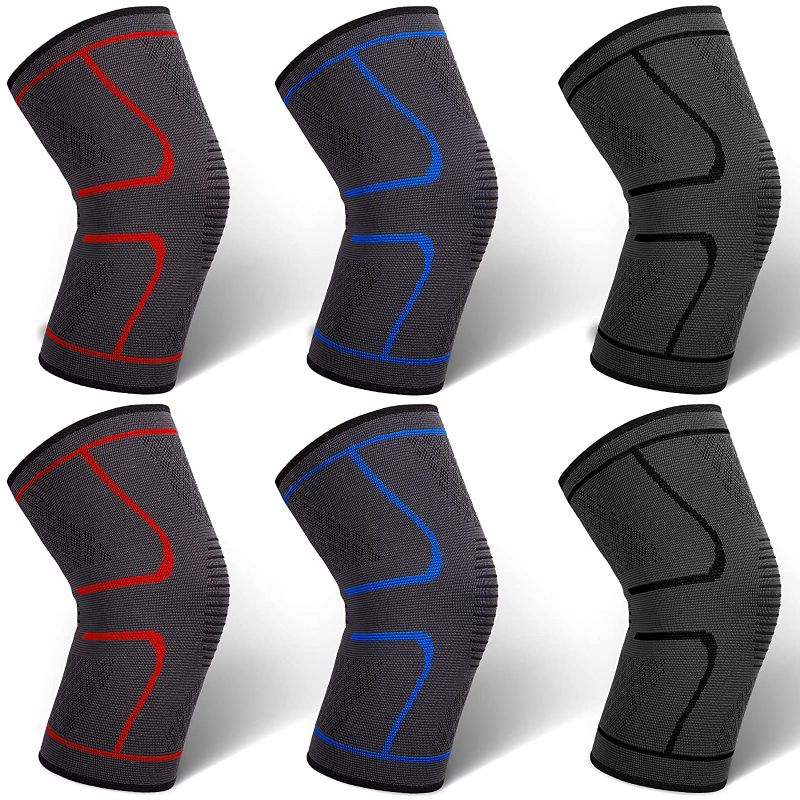 Photo 1 of 6 Pieces Compression Knee Sleeve Knee Support Knee Brace for Knee Pain Joint Pain Relief Accessory for Men and Women, Running, Basketball,Workout, Gym, Hiking, Sports (X Large)
