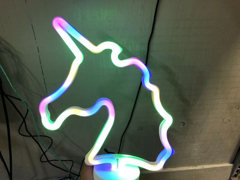 Photo 3 of BOTINDO Neon Sign Colorful Unicorn Led Night Lights Lamp with Holder Base Battery or USB Operated Kid Girl Gift Signs Light up for Room, Wedding, Bar, Christmas Holiday Party Supplies
