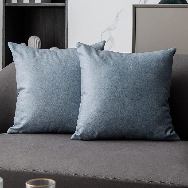 Photo 1 of Anickal Dusty Blue Pillow Covers 16x16 Inch Set of 2 Luxurious Soft Faux Suede Leathaire Modern Accent Decorative Square Throw Pillow Covers Cushion Cases for Bedroom Living Room Couch Bed Sofa
