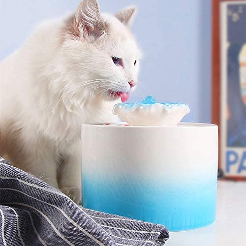 Photo 1 of 1.2 Liters Ceramic Cat Water Dispenser, Silent Automatic Pet Circulating Water Fountain Mobile Cat Dog Drinking Water Bowl, USB Charging with Volcanic Stone Filters -- New Blue Lotus Style
