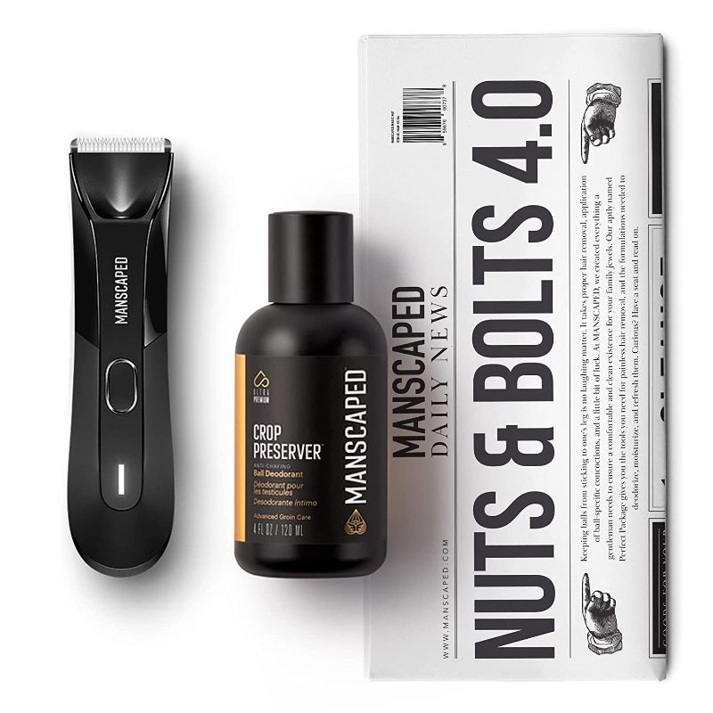 Photo 1 of MANSCAPED™ Nuts and Bolts 4.0, Men's Grooming Kit, Includes The Lawn Mower™ 4.0 Ergonomically Designed Powerful Waterproof Trimmer, The Crop Preserver™ Ball Deodorant and Disposable Shaving Mats
