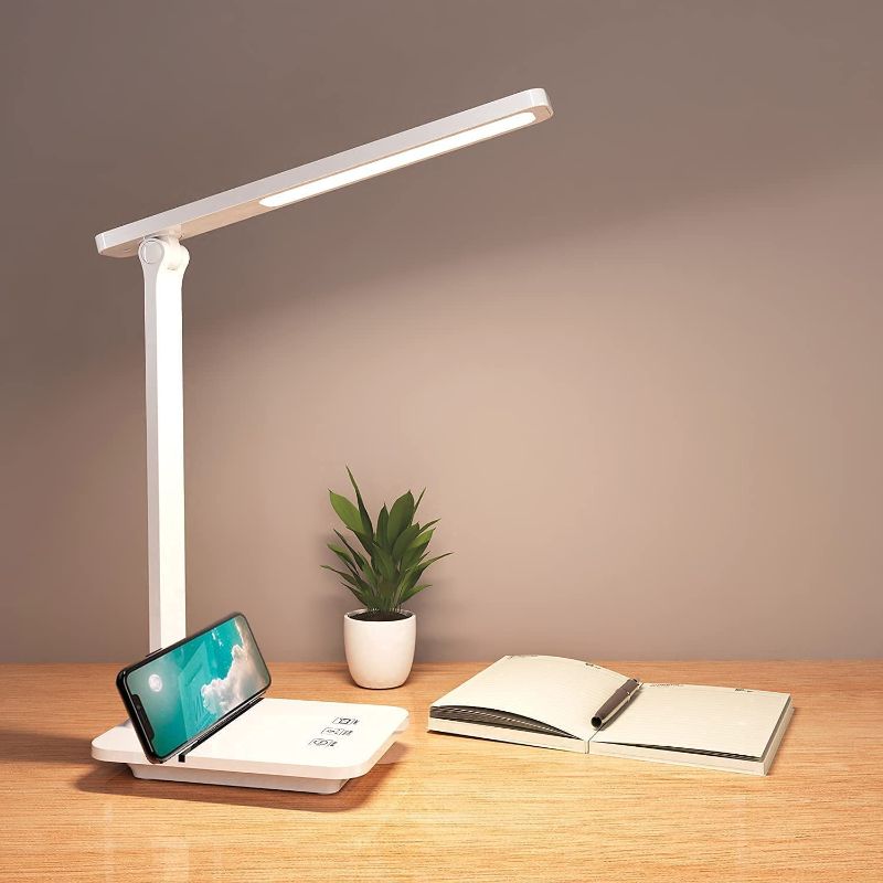 Photo 1 of Desk Lamp, Eye-Caring LED Desk Lamp for Home Office, 14W Desk Light with Reading Mode, 3 Color Modes with 800 Lumens Stepless Dimming, Touch Control, USB Charging Port, 10min Auto Timer, Phone Stand
