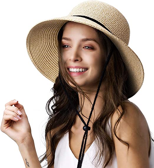Photo 1 of FURTALK Womens Wide Brim Sun Hat with Wind Lanyard UPF Summer Straw Sun Hats for Women, Mixed Beige, Medium