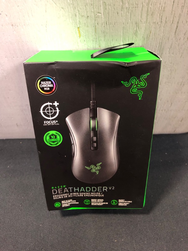 Photo 2 of Razer DeathAdder V2 Gaming Mouse: 20K DPI Optical Sensor - Fastest Gaming Mouse Switch - Chroma RGB Lighting - 8 Programmable Buttons - Rubberized Side Grips - Classic Black
FACTORY SEALED