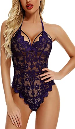 Photo 1 of FOIKISS Women Sexy Lingerie Lace Snap Crotch Bodysuit Strappy Teddy Nightwear Large, Purple
