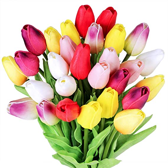 Photo 1 of 28 Pcs Multicolor Tulips Artificial Flowers Faux Tulip Stems Real Feel PU Tulips for Easter Spring Wreath Wedding Bouquet Centerpiece Floral Arrangement Cemetery Table Décor 14" Tall