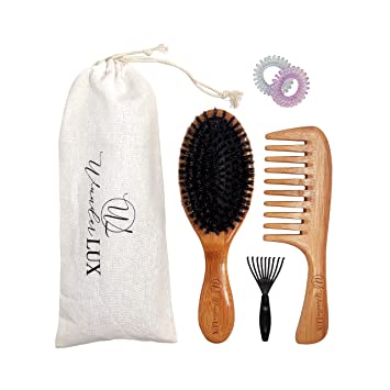 Photo 1 of Wunder Lux Bamboo Boar Bristle Hair Brush & Bamboo Comb Set 4PC, For Detangling, Adds Shine & Makes Hair Smooth & Healthy Suitable For All Hair Types.
