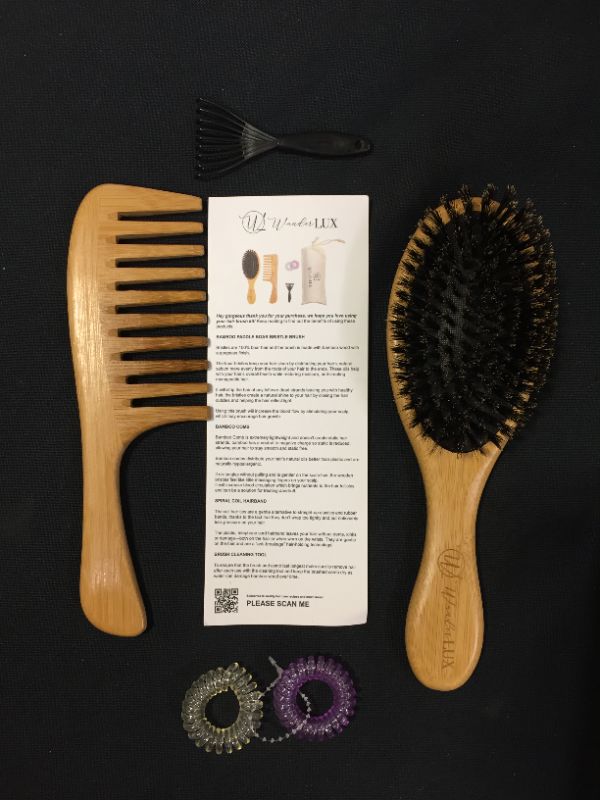 Photo 3 of Wunder Lux Bamboo Boar Bristle Hair Brush & Bamboo Comb Set 4PC, For Detangling, Adds Shine & Makes Hair Smooth & Healthy Suitable For All Hair Types.
