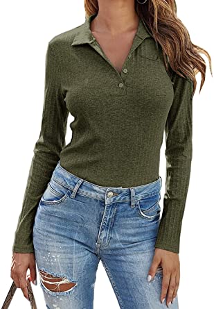 Photo 1 of Womens Long Sleeve Polo Shirts Collared Button Down Ribbed Knit Tops Solid Tees
