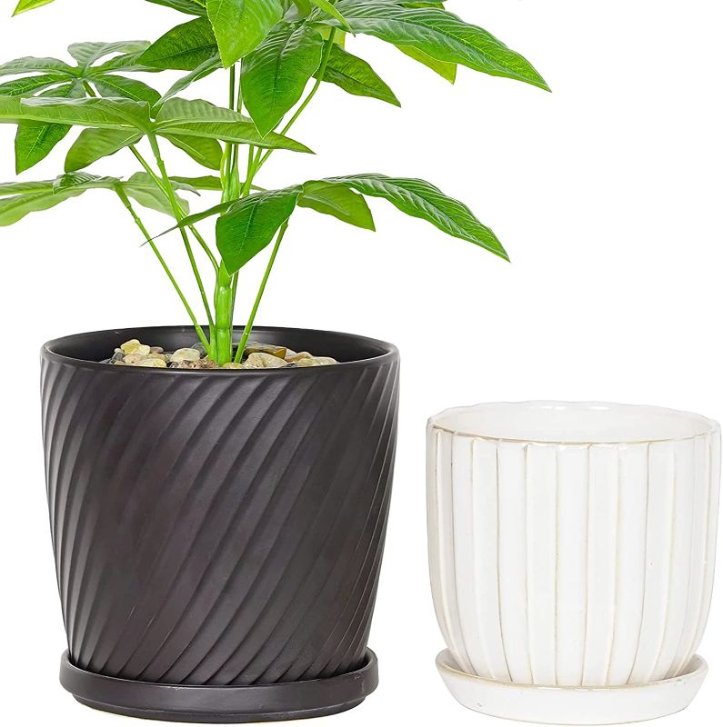 Photo 1 of YISHANG Medium Plant Pots - 6.8+5.5 Inch Cylinder Ceramic Planters with Drainage Holes and Attached Tray/Saucers, Two Line Grain, House and Office Windowsill Decor, Set of 2-White&Black
