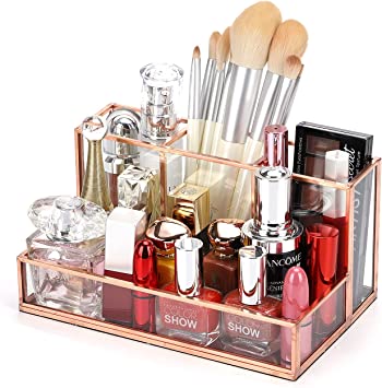 Photo 1 of YTSTYLE Makeup Brush Pen Holder, Handcrafted Glass Cosmetic Brushes Organizer Nordic Style Elegant Pencil Holder Decoration Make up Brushes Holder for Vanity Bathroom Bedroom Office, Clear,Gold
