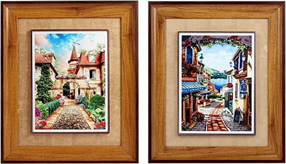 Photo 1 of 2pcs Houses Along a Road Framed Art,Surface Ceramic fired Italy Towns Paintings Wall Art, City Street Scenery Canvas Retro Style Decor, Dining Room Hallway Contemporary art pictures
