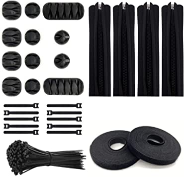 Photo 1 of 126pcs Cord Management Organizer Kit 4 Cable Sleeve, 12pcs Self Adhesive Cable Clip Holder, 10pcs Reusable Cable Ties and 2 Roll Self Adhesive tie and 100 Fastening Cable Ties for TV Office Home etc
