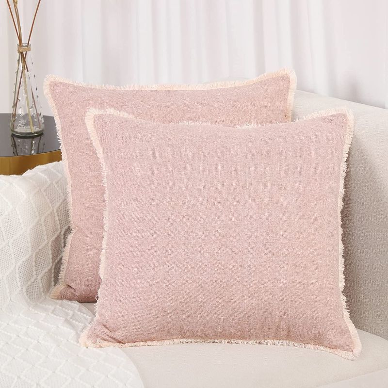 Photo 1 of Basic Model Solid Decorative Throw Pillow Covers with Tassels 18x18 Inch Set of 2 Square Pillowcases Farmhouse Cushion Covers for Couch Sofa,Pink
