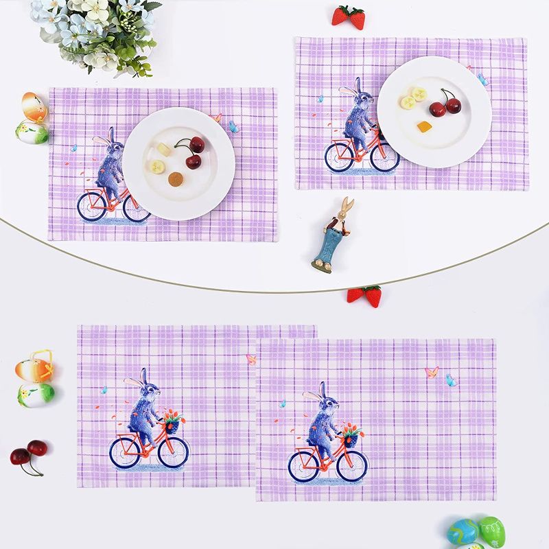Photo 1 of 4 Pcs Easter Placemats Set with 4 Napkins, Waterproof Cute Rabbit Bunny Bicycle Table Mats for Kitchen, Heat-Resistant Butterfly Purple Buffalo Plaid Dining Mats for Table Home Party, 12 x 18 Inches
--- Factory sealed ----