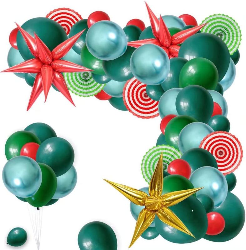 Photo 1 of Christmas Balloon Garland, Christmas Balloon Arch Kit 130 Pieces, Christmas Balloons with Explosion Star Balloons and Hanging Paper Fans for Christmas Party Decorations
--- Factory sealed ----
