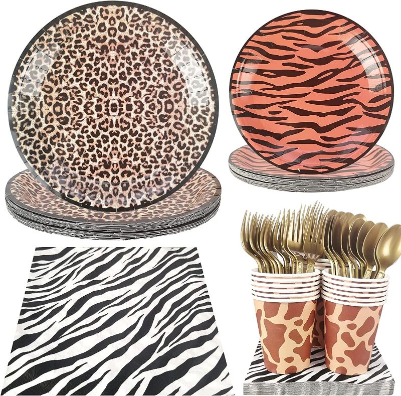 Photo 1 of Zoo Animal Print Party Supplies - Serves 20 Guest Includes Party Plates, Spoons, Forks, Cups, Napkins Party Pack Perfect for Jungle Safari Animal Themed Birthday Baby Shower Parties Decorations
