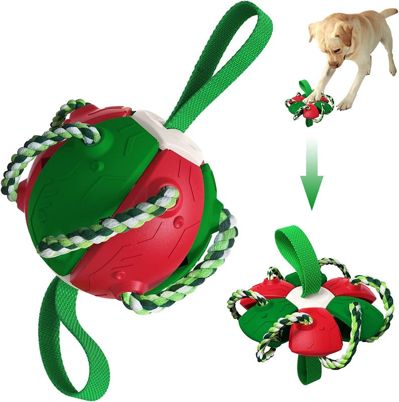 Photo 1 of Interactive Dog Toy, Soccer Ball with Grabbing Rope, Presses Into Frisbee for Throwing and Pet Training Pickup, Great for Small to Medium Dogs, Not for Large Dogs and Chewers
