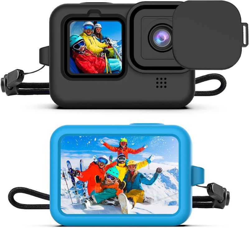 Photo 1 of Silicone Sleeve Case for GoPro Hero 10/ Hero 9 Black, Protective Housing Case with Lanyard and Lens Cover Accessories (Black+Blue)
