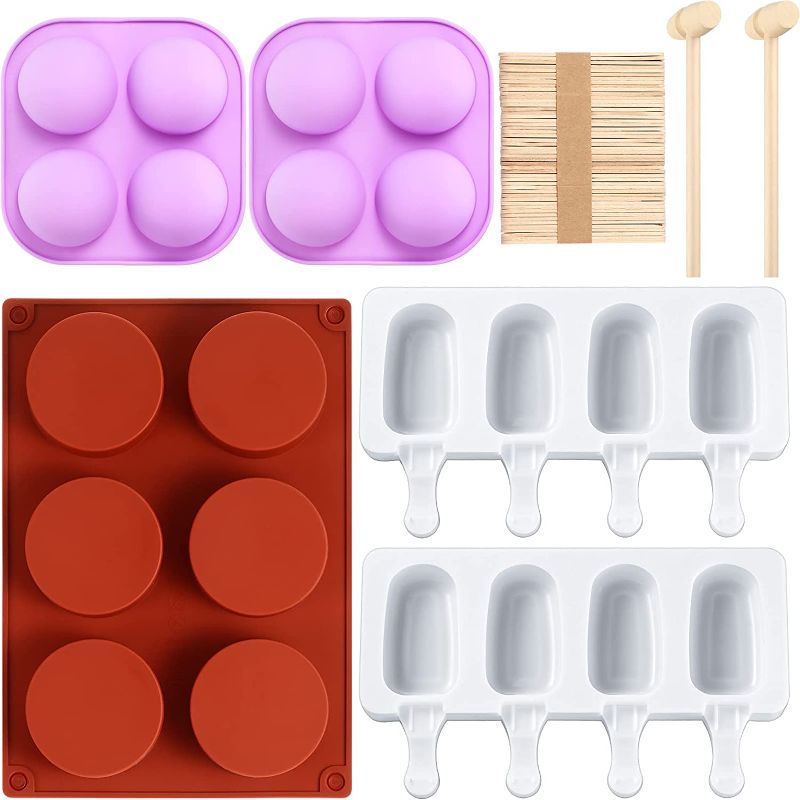 Photo 1 of 5 Pieces Chocolate Silicone Molds Semi Sphere Silicone Mold Round Cylinder Candy Mold Ice Cream Bar Mold with 2 Pieces Mini Wooden Hammers and 50 Wooden Sticks for DIY Ice Cream
