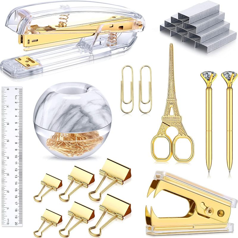 Photo 1 of 1112 Pieces Desk Accessory Kit, Include Clear Gold Desktop Stapler with 1000 Staples, Staple Remover, Ruler, Scissor, 100 Paper Clips, 2 Diamond Pens and 6 Binder Clips for Home School Office Supplies
