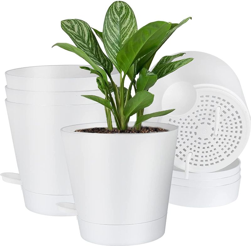 Photo 1 of 6'' Self Watering Planters with High Drainage Holes, 5Pcs Plastic Flower Pots with Deep Reservoir and Watering Feeder for Indoor Outdoor Plants (White)
