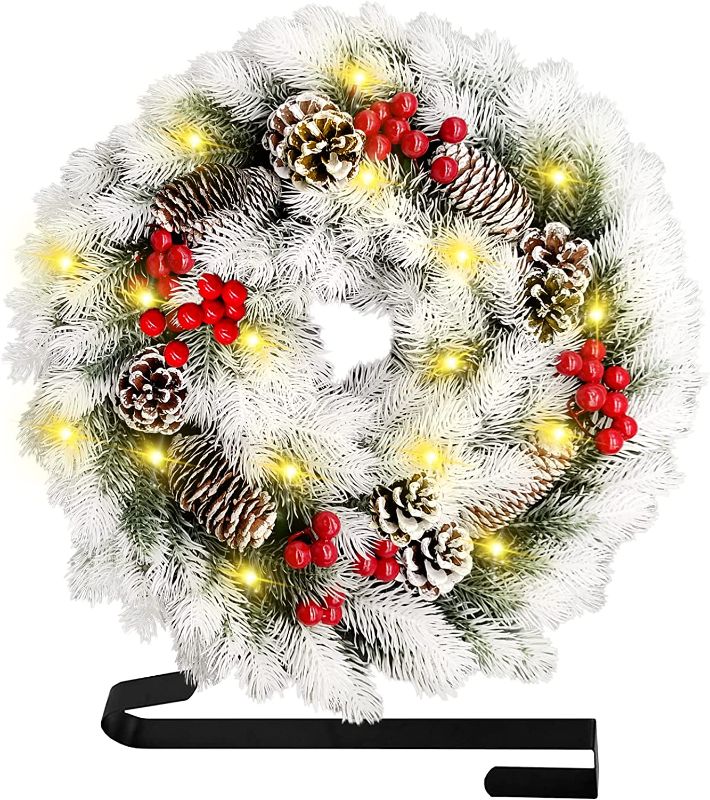 Photo 1 of 16 Inch Christmas Wreath, Lighted Christmas Wreath for Front Door with 40 Warm Lights Battery Operated, Snowflake White Christmas Wreath with Pine Cone Red Berry for Xmas Decorations Indoor Outdoor
