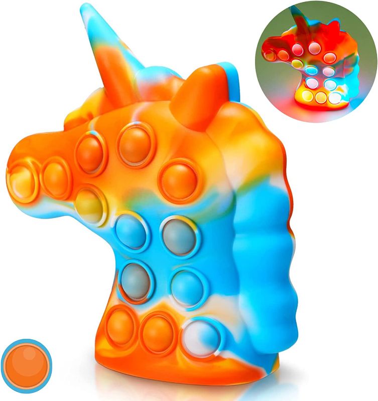 Photo 1 of 3D Pop Unicorn Stress Balls Toys - Silicone Pop Bubble Squeeze Popper Sensory Toy Stress Relief for Kids Party Favor Toys, Light up Pop Fidget Toys Glow in The Dark Children Gifts
