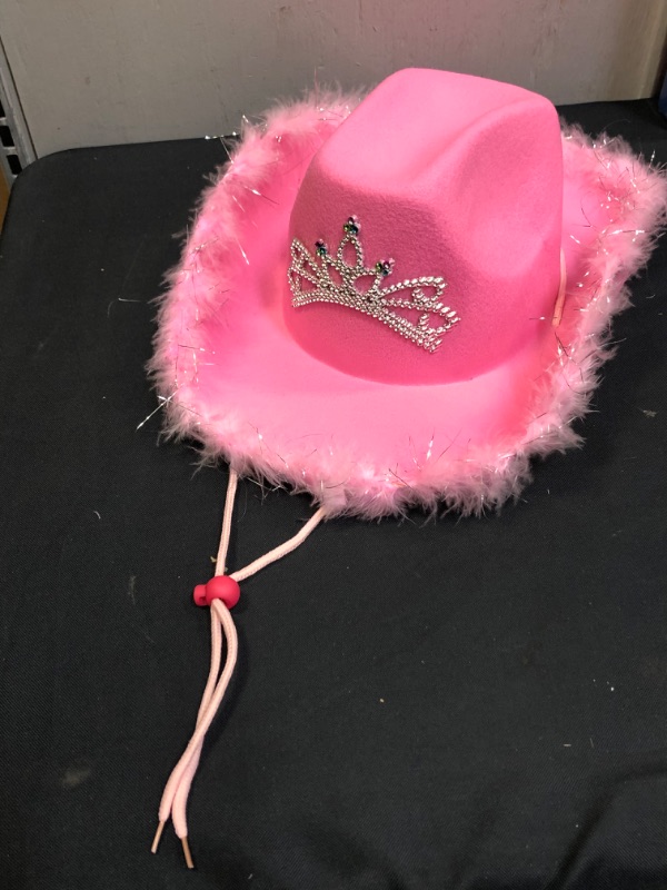 Photo 1 of COWGIRL HAT PINK WITH FUR AROUND EDGES WITH TIARA CROWN DIAMONDS 