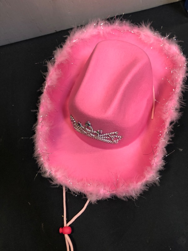 Photo 4 of COWGIRL HAT PINK WITH FUR AROUND EDGES WITH TIARA CROWN DIAMONDS 