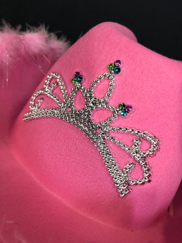 Photo 2 of COWGIRL HAT PINK WITH FUR AROUND EDGES WITH TIARA CROWN DIAMONDS 