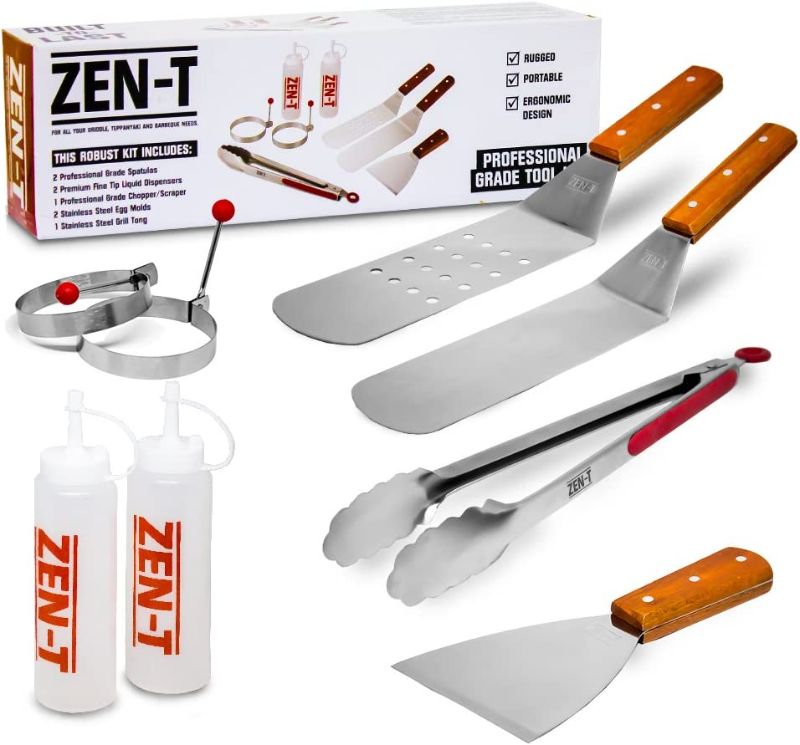 Photo 1 of ZEN-T - 8 Piece Grill Griddle BBQ Tool Kit - Heavy Duty Professional Grade Stainless Steel BBQ Tools - Perfect Grilling Utensils for All Your Grilling Needs – Outdoor and Indoor BBQ (Brown) FACTORY SEALED 
