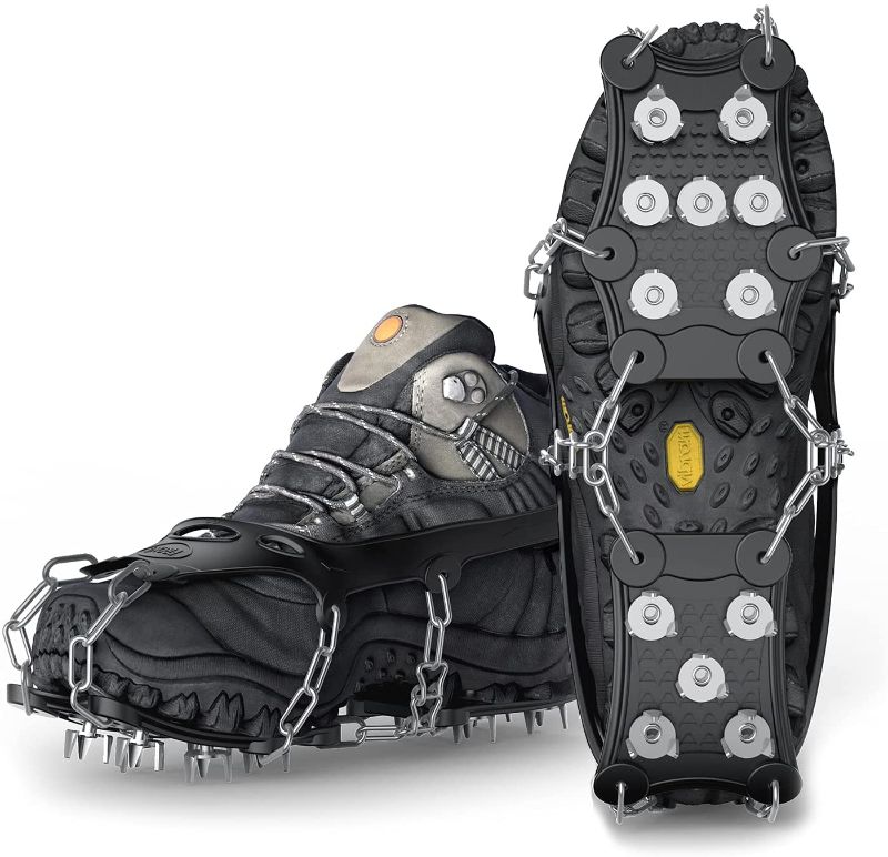 Photo 1 of Ice Cleats, VOROAR Crampons for Hiking Boots and Snow Shoes Non Slip Climbing Spikes Ice Grippers for for Men and Women Traction Cleats with Boot Chains and Microspikes --- Large ---- -factory sealed -- 
