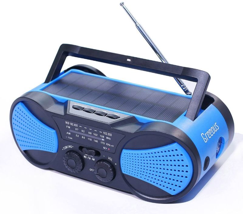 Photo 1 of Hurricane Radio Weather Radio,Waterproof, Hand Crank, Solar/Battery Powered, 4000mAh AM/FM/NOAA/SOS Alert,Portable Emergency Cellphone Charger,Music Speaker,Flashlight& Reading Lamp,Blue,Greeous