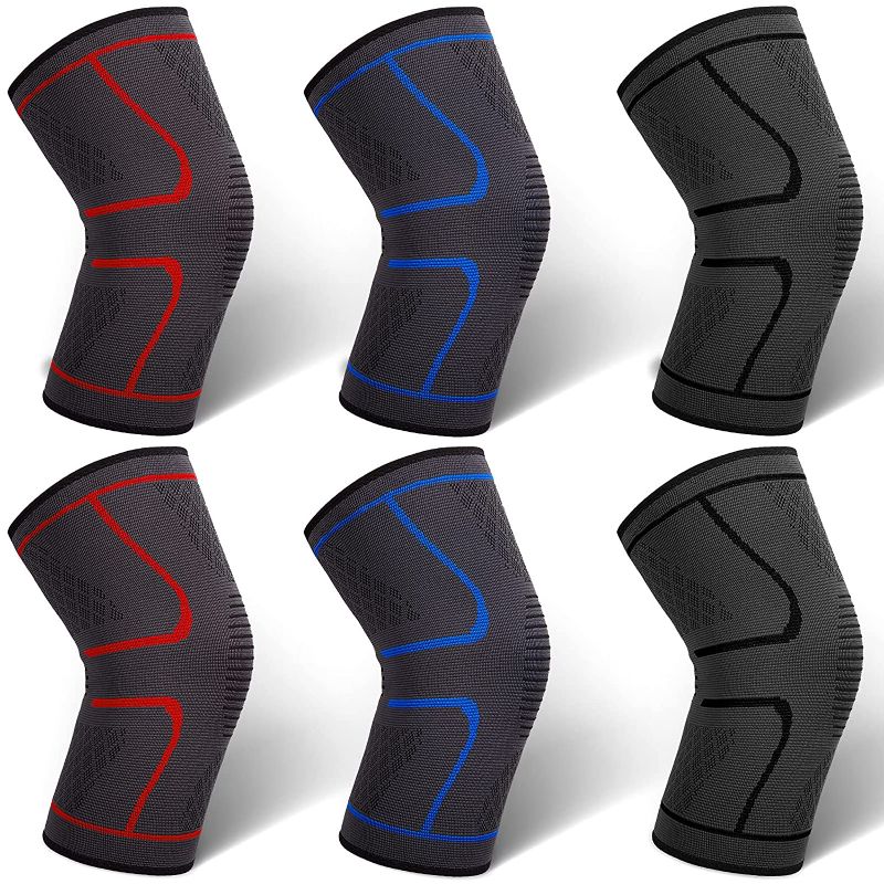 Photo 1 of 6 Pieces Compression Knee Sleeve Knee Support Knee Brace for Knee Pain Joint Pain Relief Accessory for Men and Women, Running, Basketball,Workout, Gym, Hiking, Sports (X Large)