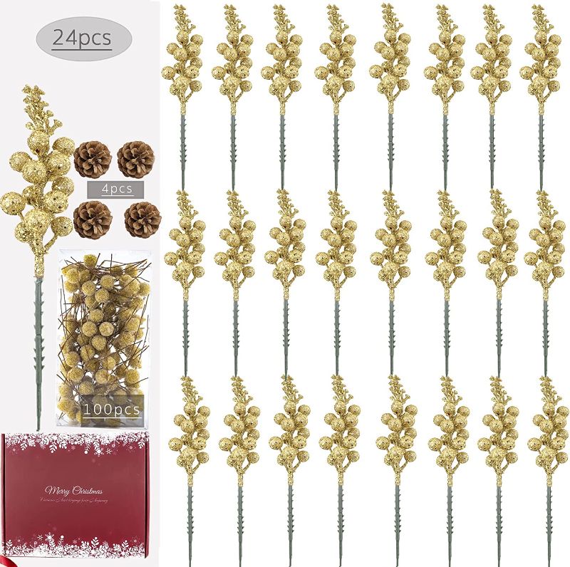 Photo 1 of 2 packs of Artificial 124Pcs Assorted Christmas Glitter Berries Stems, Artificial Christmas Tree and Wreath Ornament Picks?DIY Crafts Garland Christmas Decorations for Home (Gold)